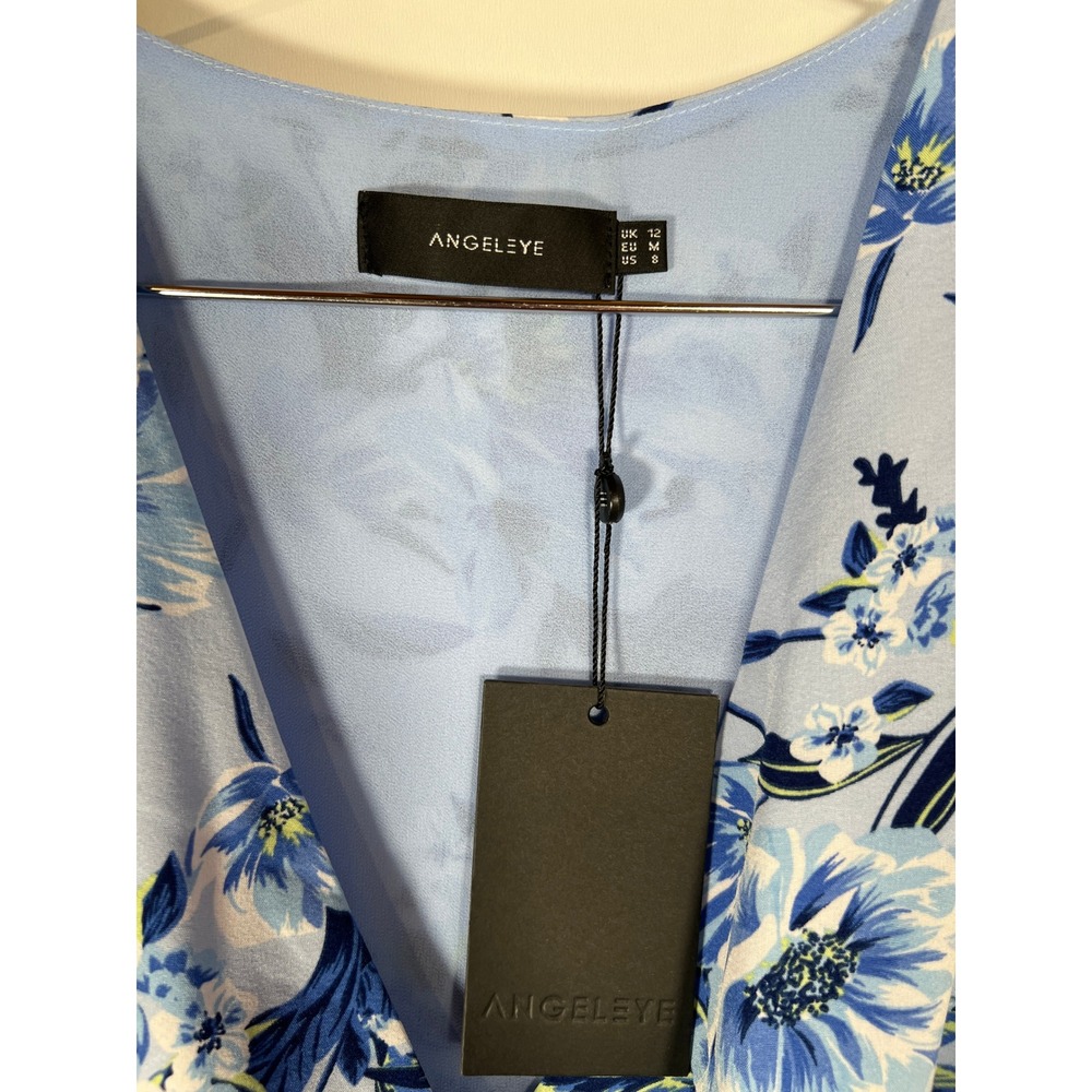 Angeleye Blue Floral Wrap Mini Dress Short Sleeve Garden Party Girlhood Size 8 - Picture 2 of 7